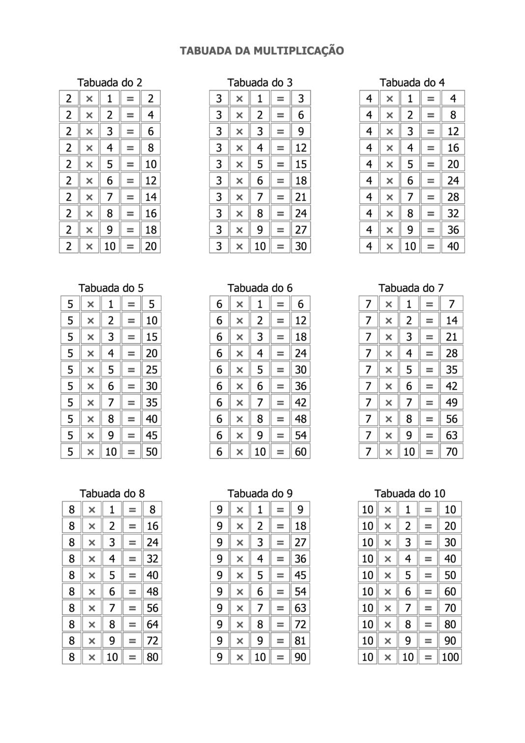 Tabuadas para Imprimir A4 e PDF Multiplicação adição subtração e