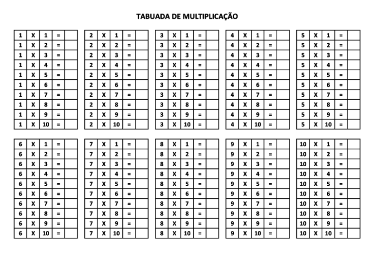 Tabuadas Para Imprimir A E Pdf Multiplica O Adi O Subtra O E