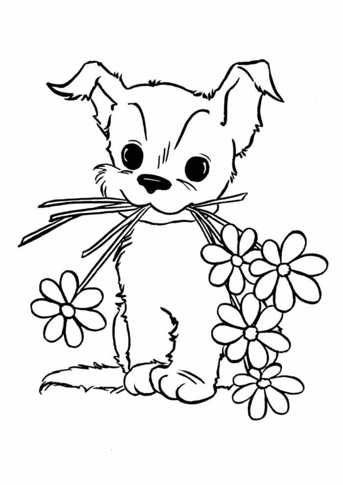 cachorro para colorir com flores na boca