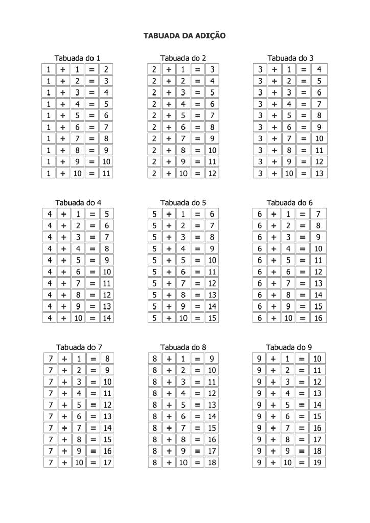 Tabuada adição para imprimir A4