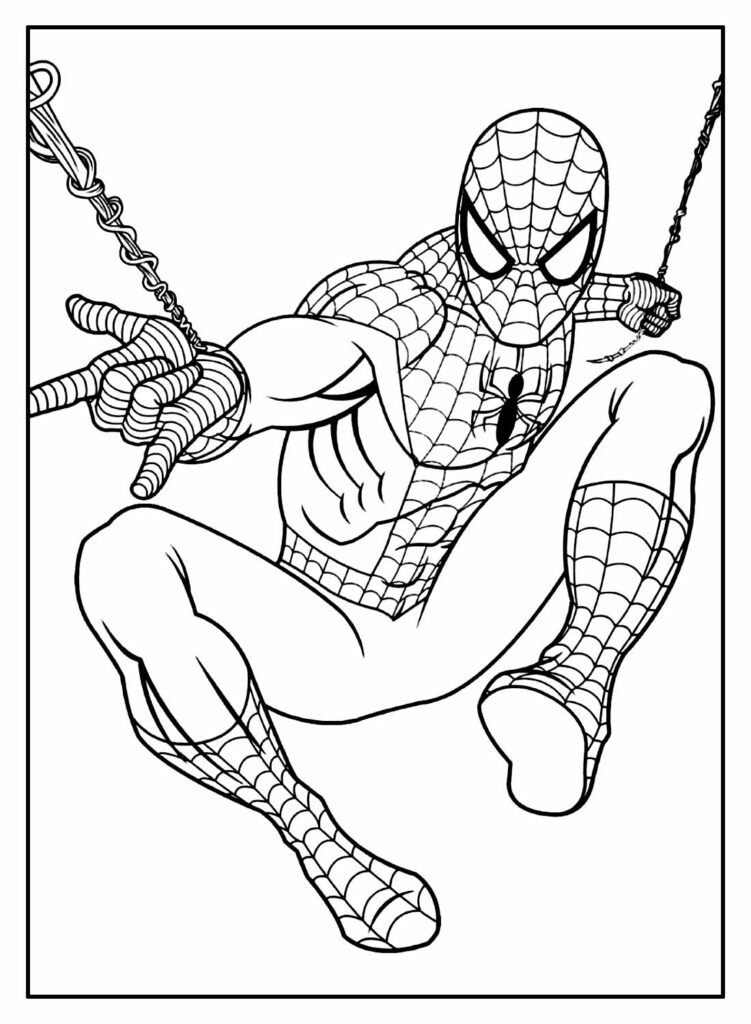 desenhos de super herois para colorir spider man balançando na teia